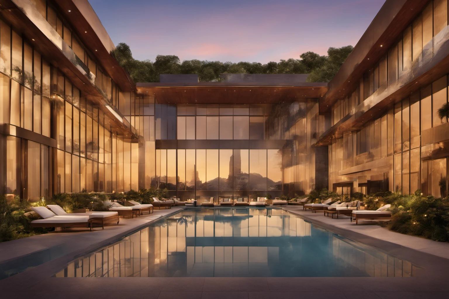 现代奢华酒店外观，城市天际线