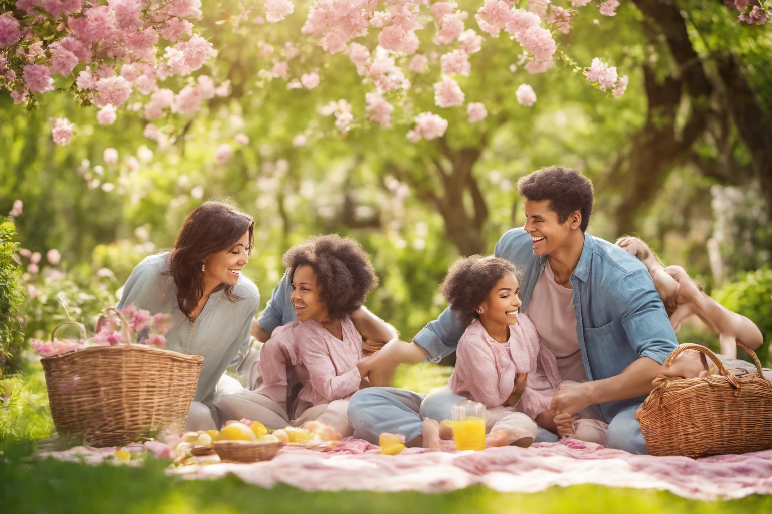 Picnic familiar en parque florido – Momentos familiares de primavera