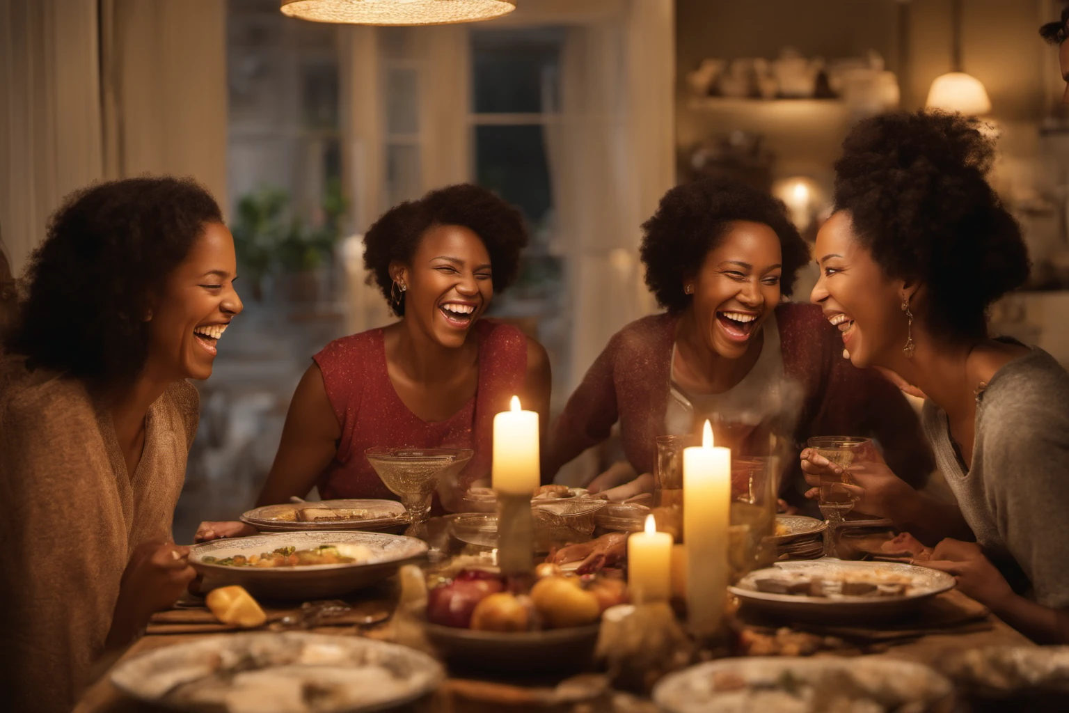 Familie lacht um den Tisch herum – Zuhause-Momente