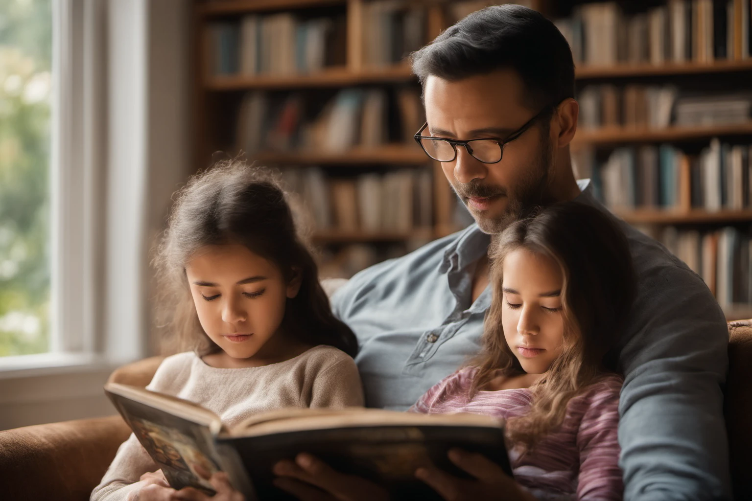 Père et fille lisant un livre – Intimité familiale