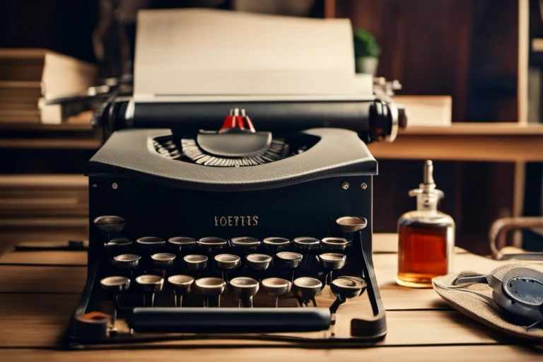 Máquina de escribir vintage sobre escritorio de madera – Diseño de oficina