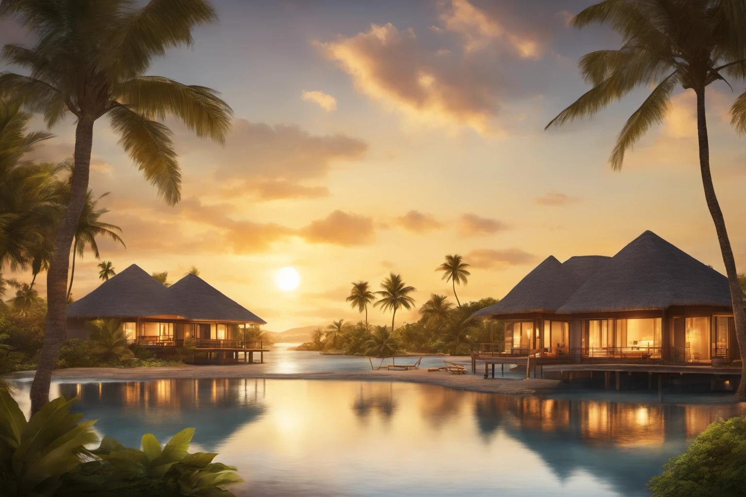 Coucher de soleil sur la plage d'un resort luxueux – Image promotionnelle