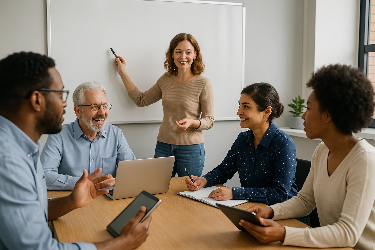 Sessão de aprendizagem para adultos à noite em uma sala de aula moderna.