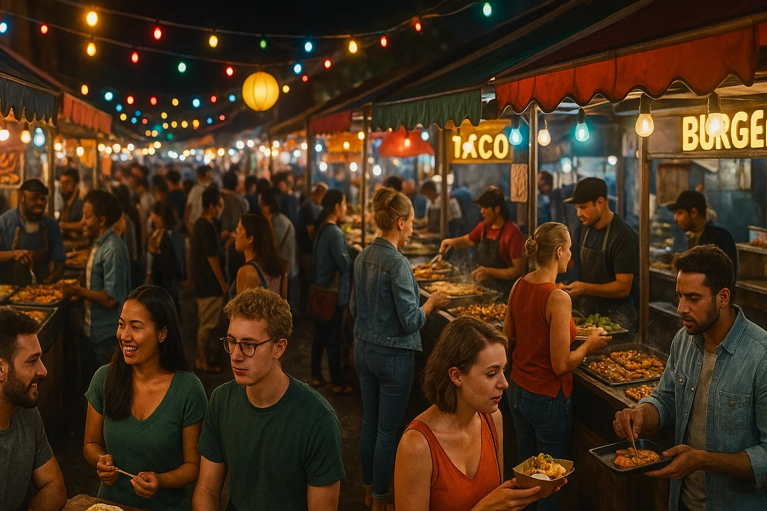 Street food e folla al mercato notturno