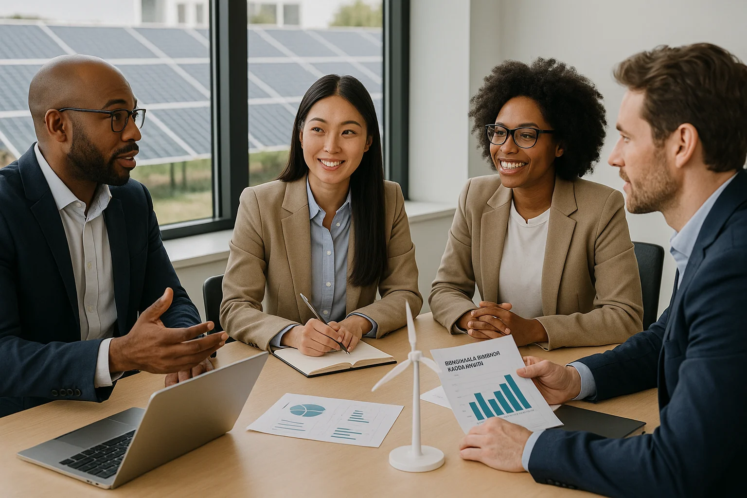 Professionisti che discutono di investimenti in energia verde con pannelli solari.