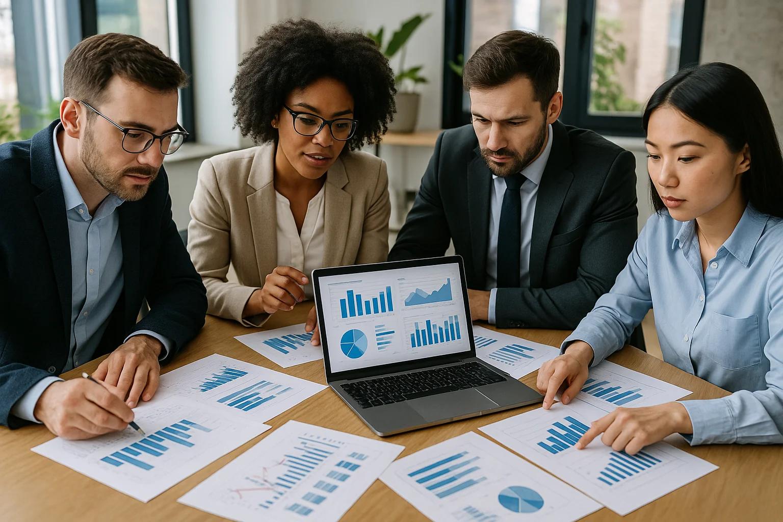Professionals analyzing data charts and graphs in a modern office.