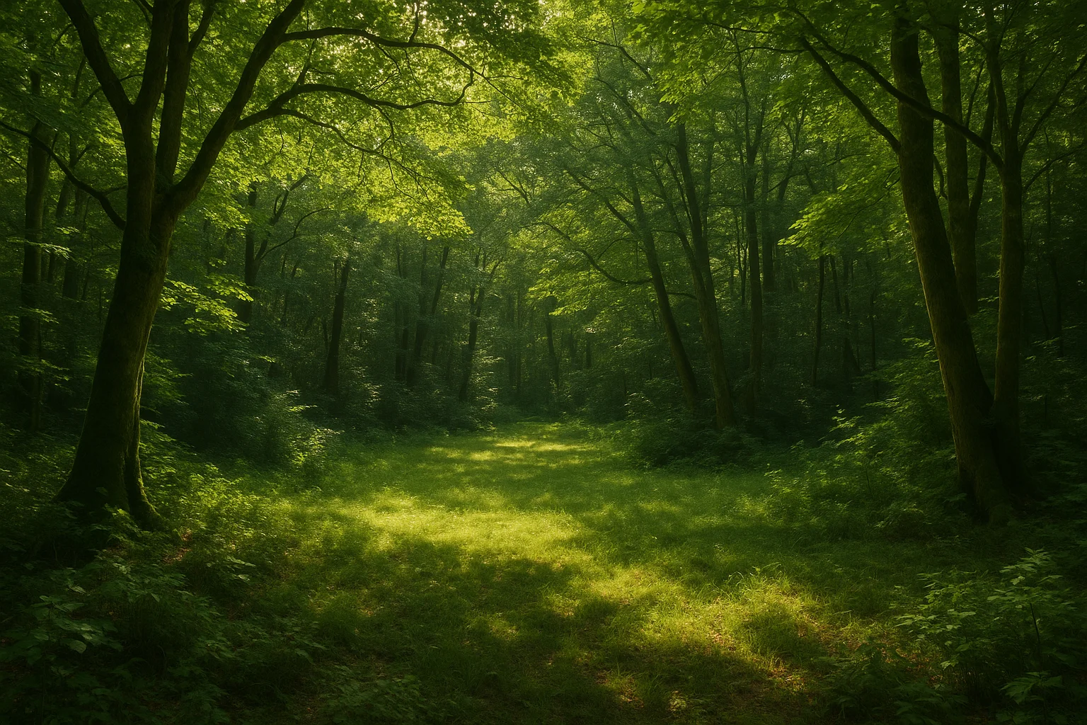 Vom Sonnenlicht beleuchteter versteckter Hain im Wald.