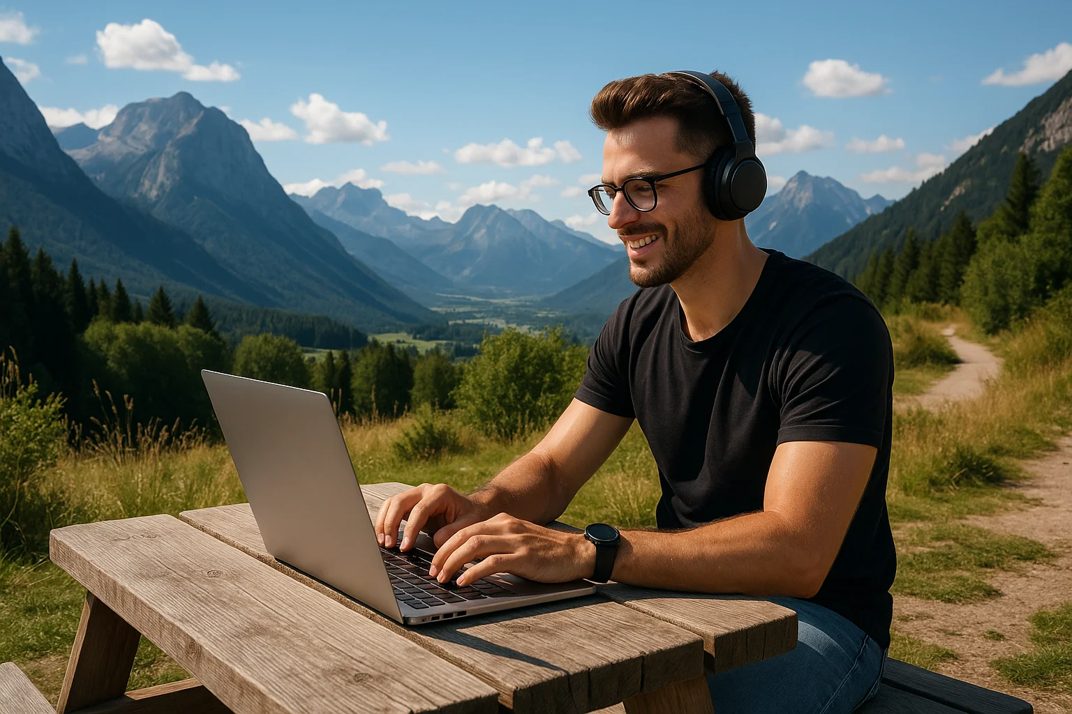 Nomaden digital bekerja di laptop dengan pemandangan gunung