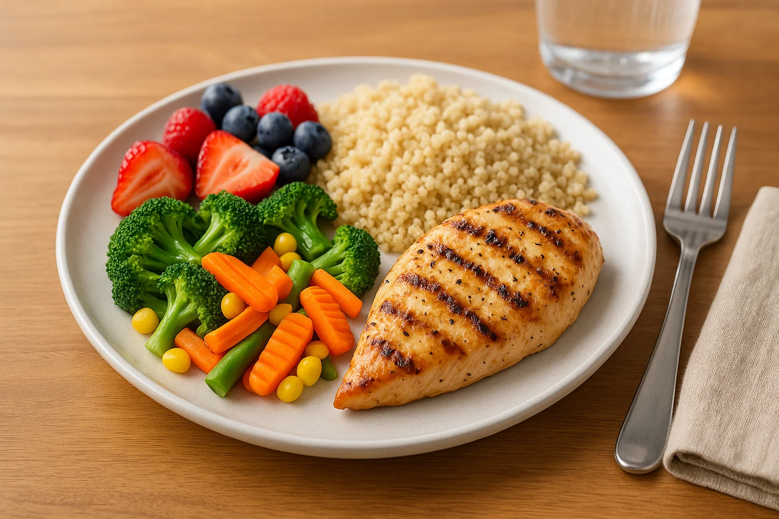 Makanan seimbang berwarna: ayam, quinoa, sayuran, dan buah