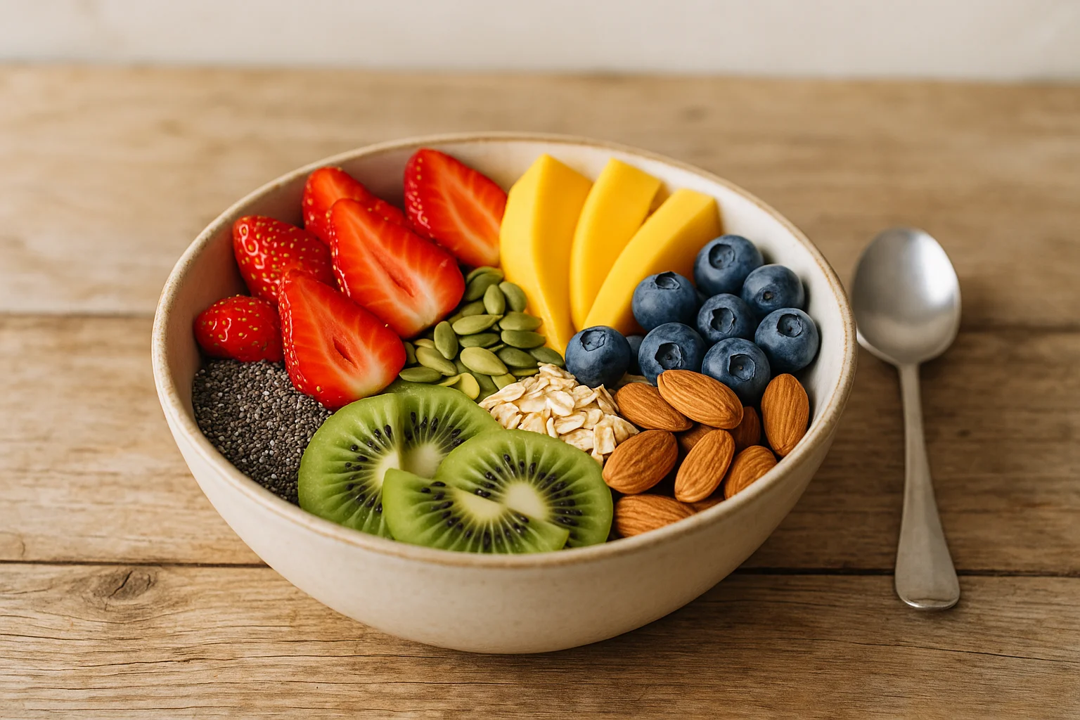 Veganer Frühstücks-Bowl mit frischen Früchten, Nüssen und Samen.