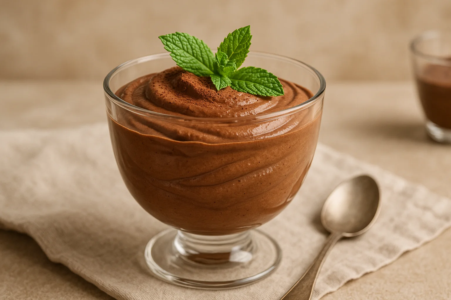 Mousse cokelat vegan dihiasi dengan daun mint dan bubuk kakao.
