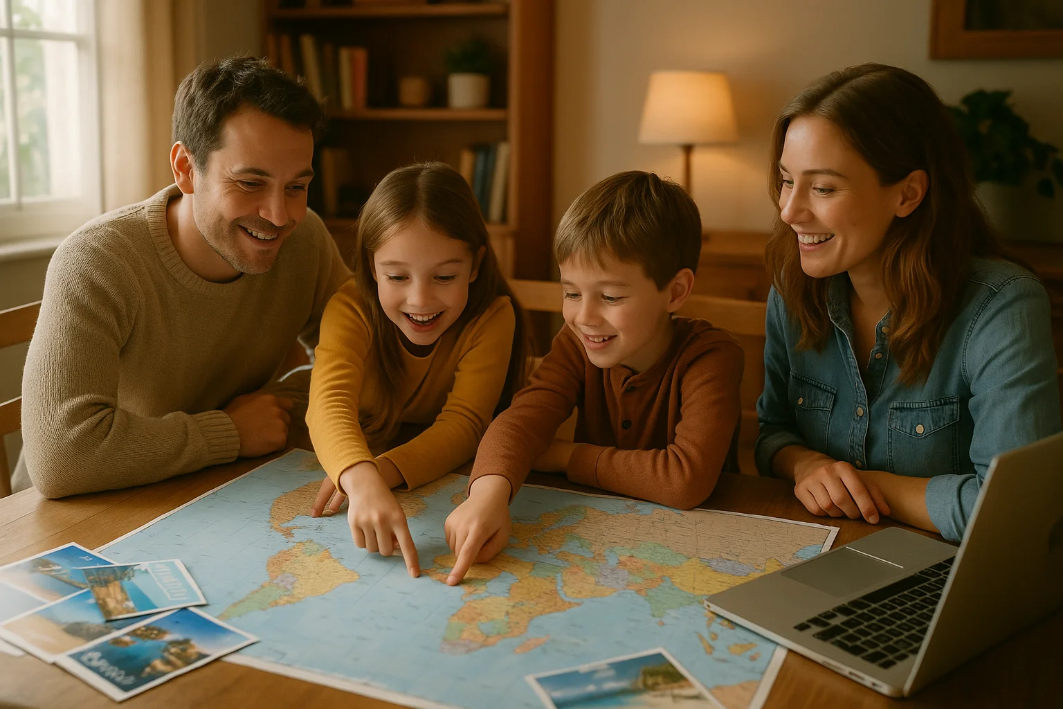 Eine Familie versammelt sich um einen Tisch mit einer Weltkarte und Reisebroschüren.
