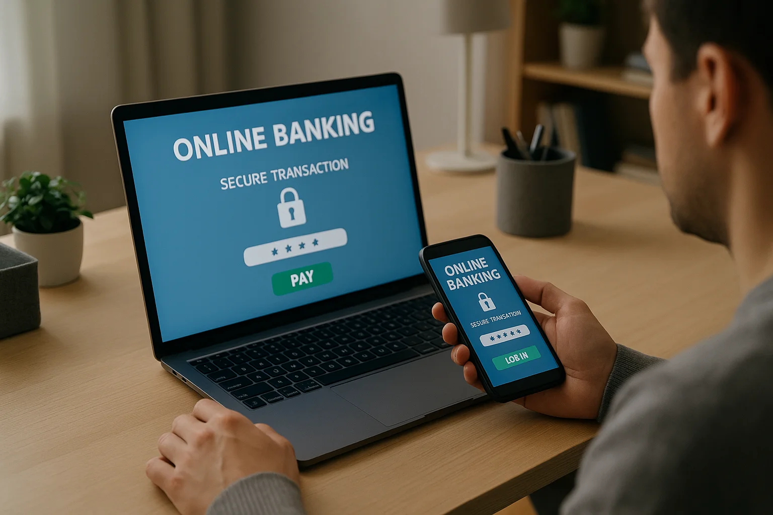 Person, die Smartphone und Laptop für Online-Banking verwendet