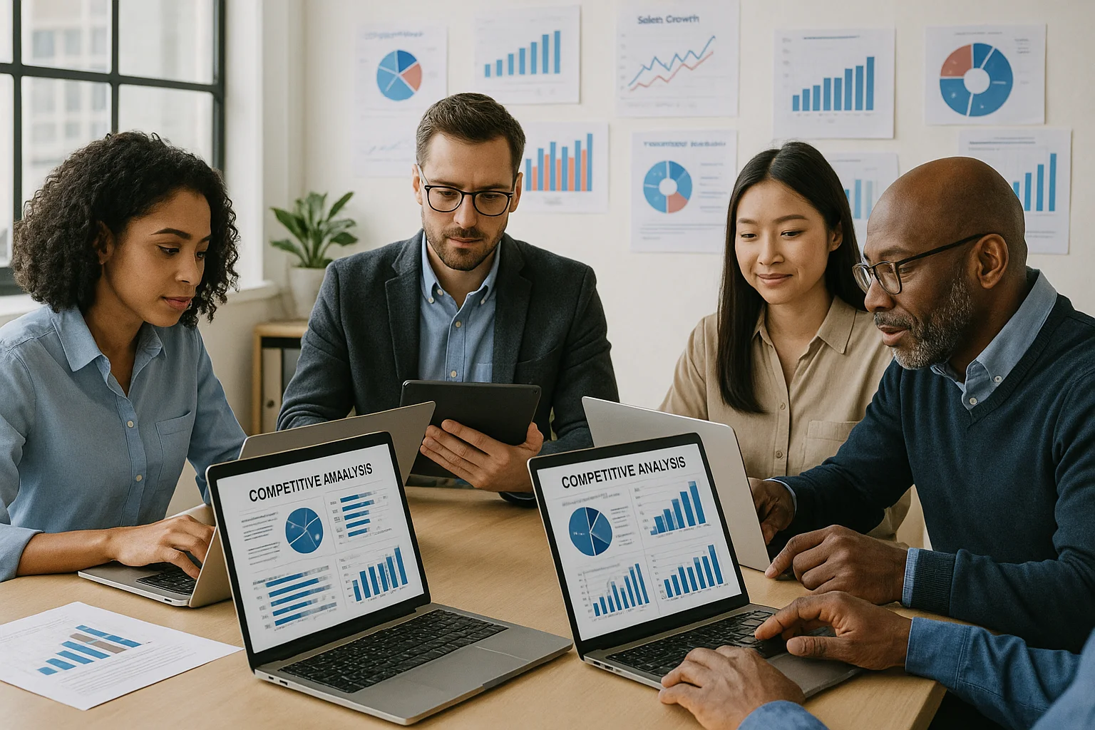Équipe professionnelle examinant des rapports d'analyse concurrentielle
