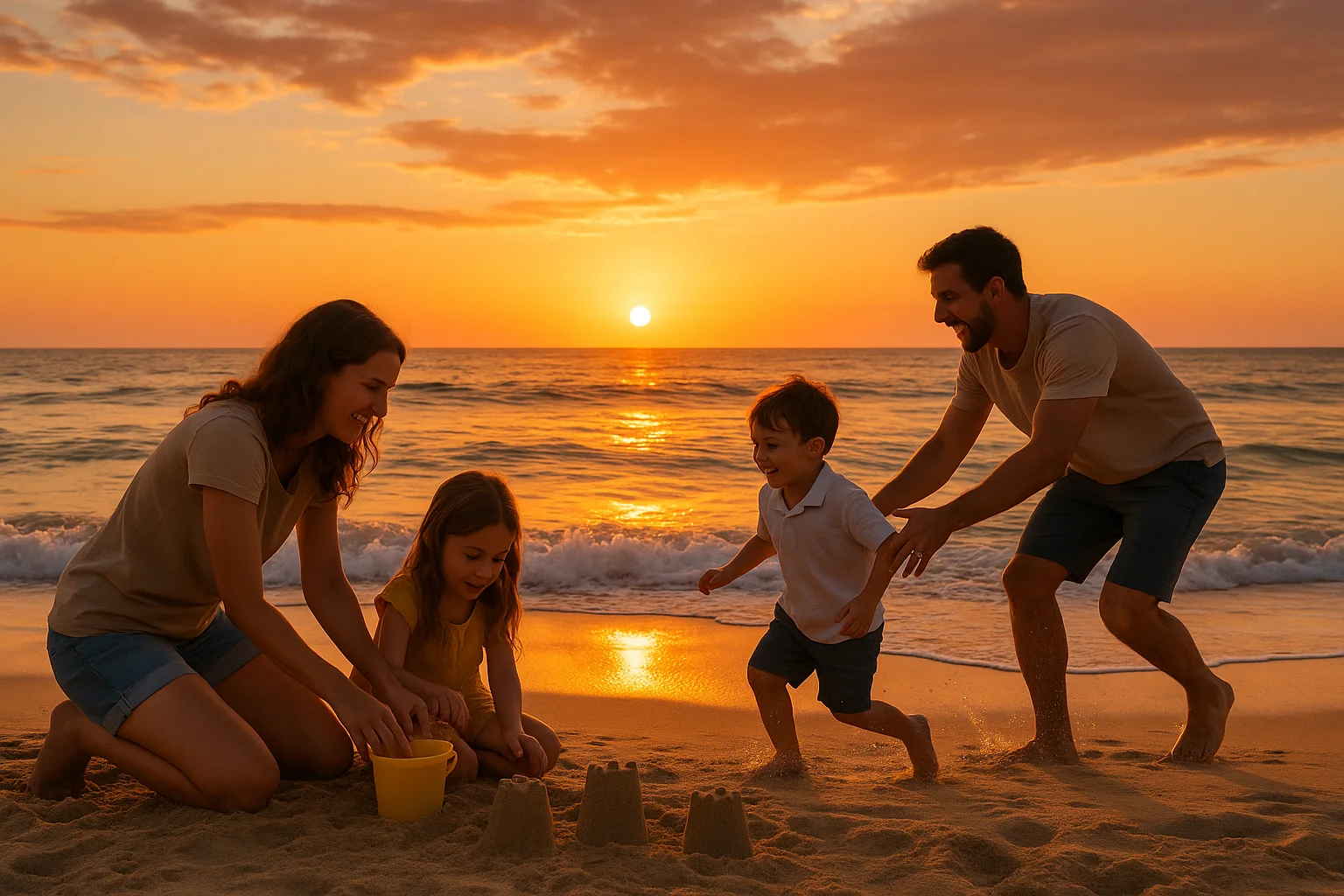 Famille s'amusant sur la plage au coucher du soleil