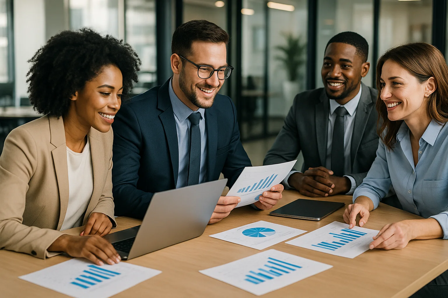 Professionnels travaillant sur des stratégies de croissance d'entreprise dans un bureau moderne
