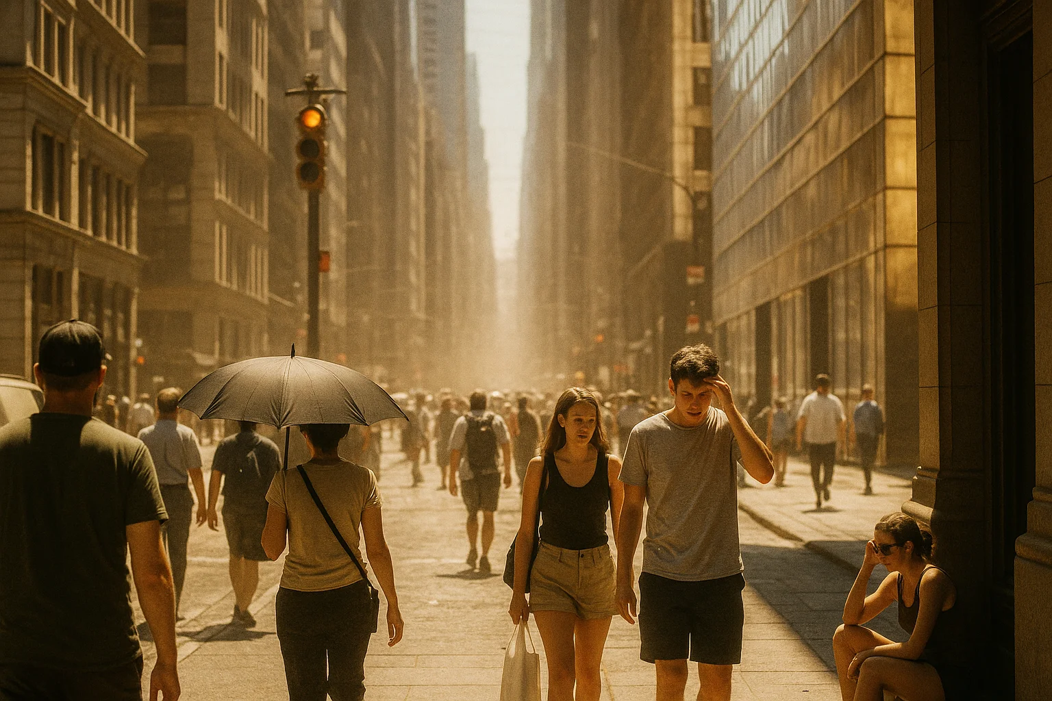Люди и здания в городе во время жары.