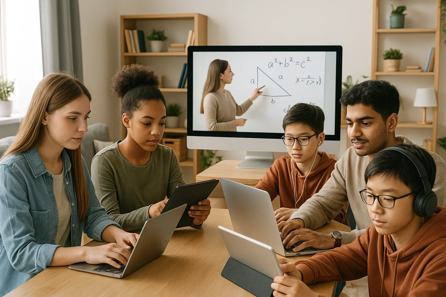 Kelompok beragam siswa dalam kelas online.