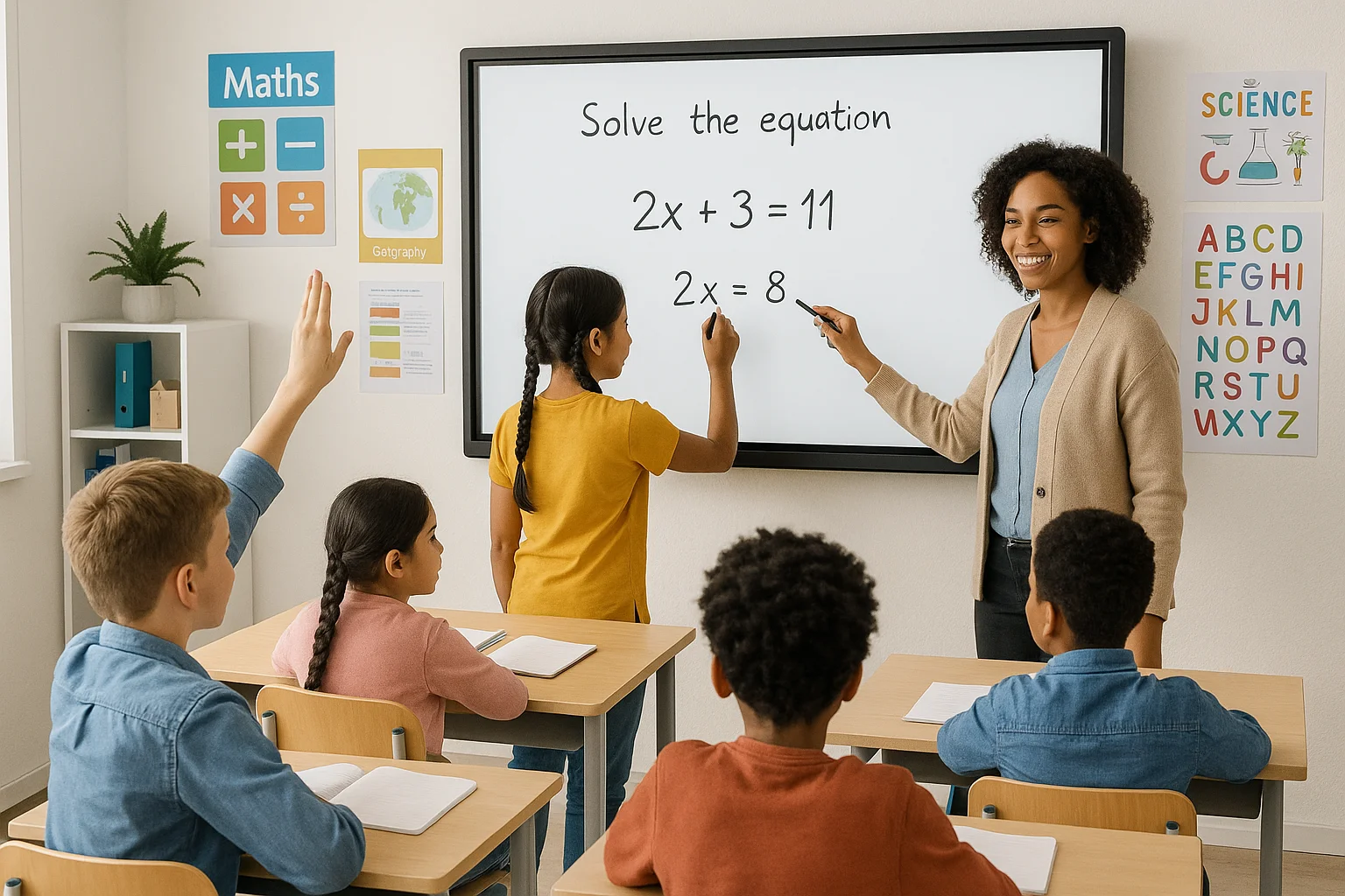 Ученики и учитель используют интерактивную доску