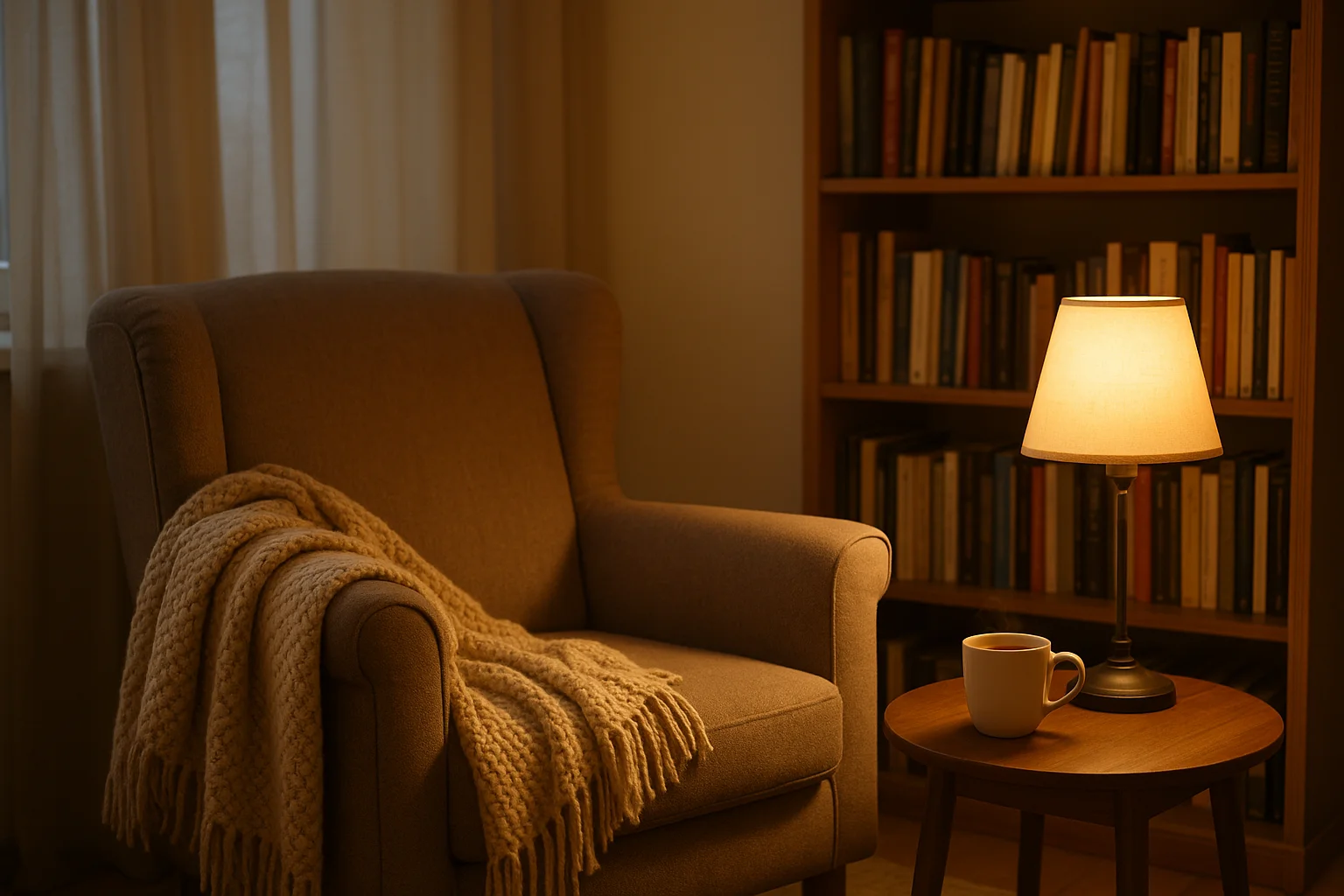 Sudut membaca hangat dan mengundang dengan buku dan secangkir teh.