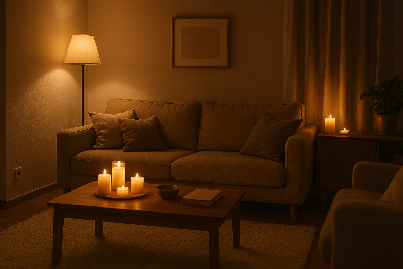 Уютная гостиная с мягким освещением.
