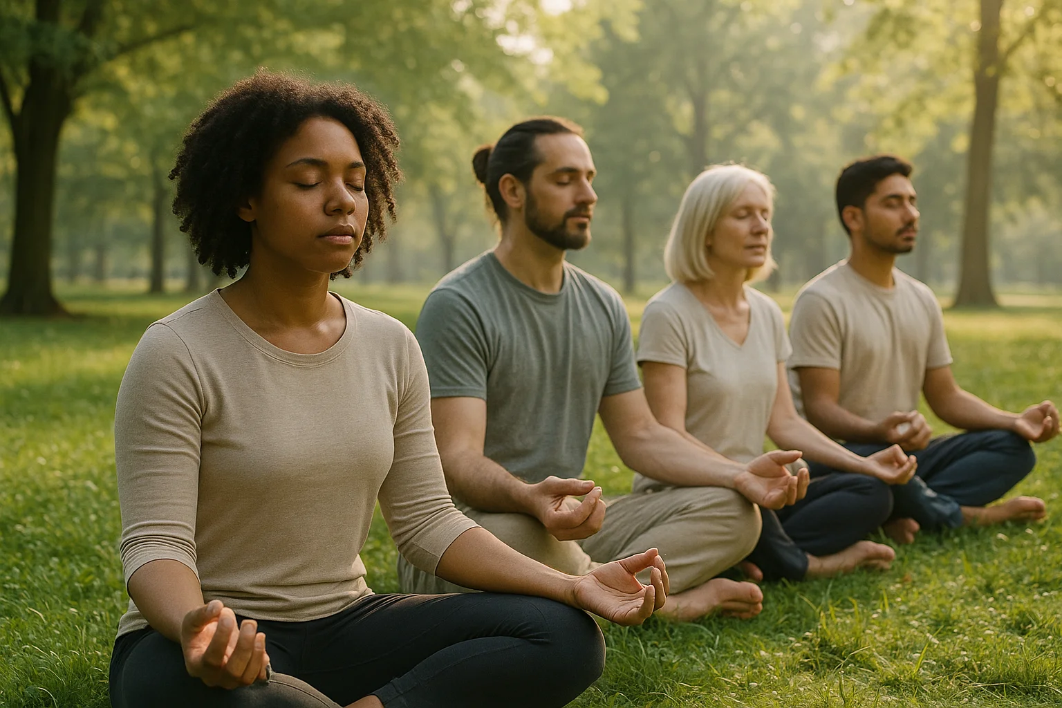 Orang-orang berlatih meditasi penuh kesadaran di taman