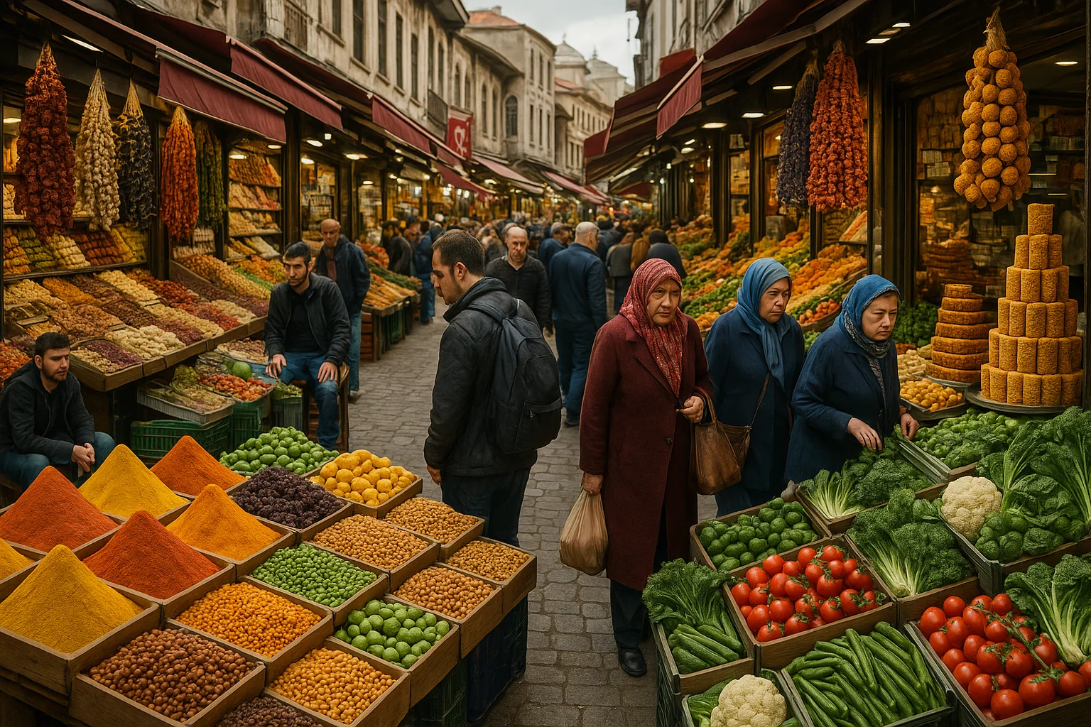 Straßenmarkt in Istanbul voller Gewürze und türkischer Köstlichkeiten.