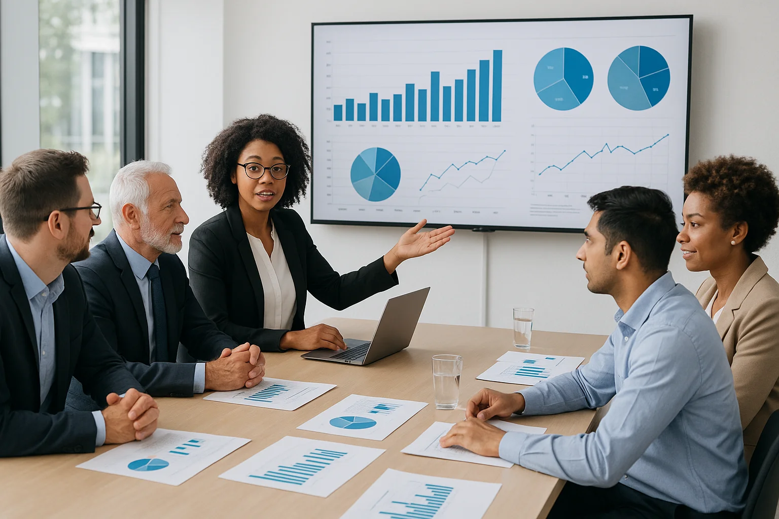 Konferans masasında toplanmış profesyonel ekip