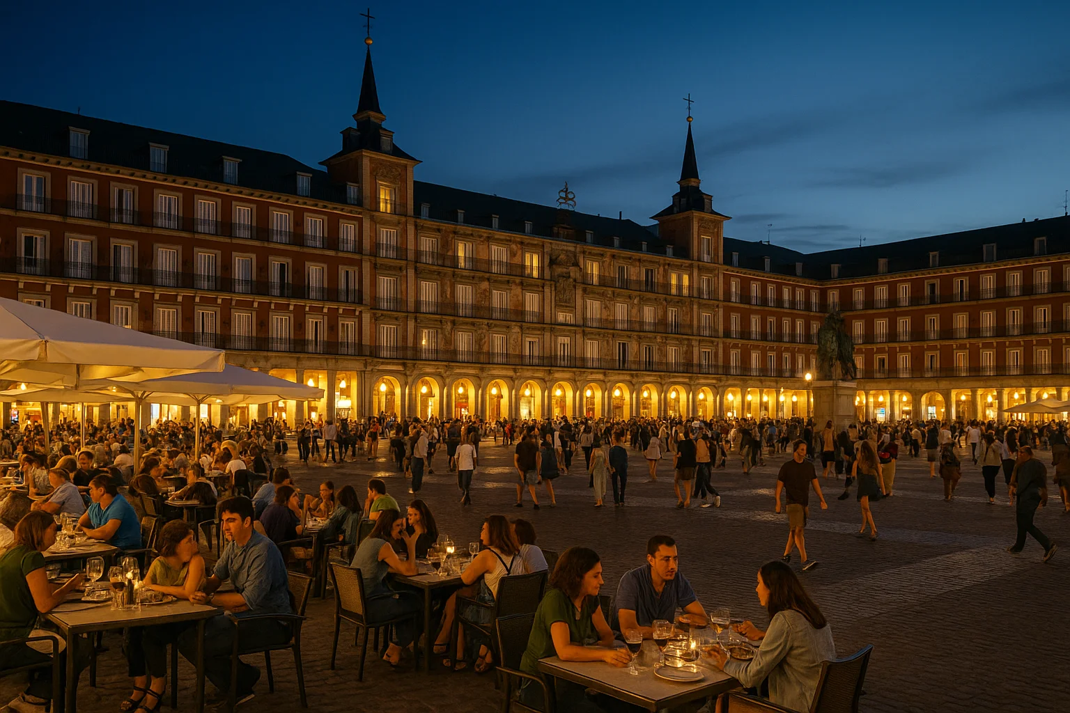 Abend auf der Plaza Mayor mit Menschen und historischen Gebäuden.