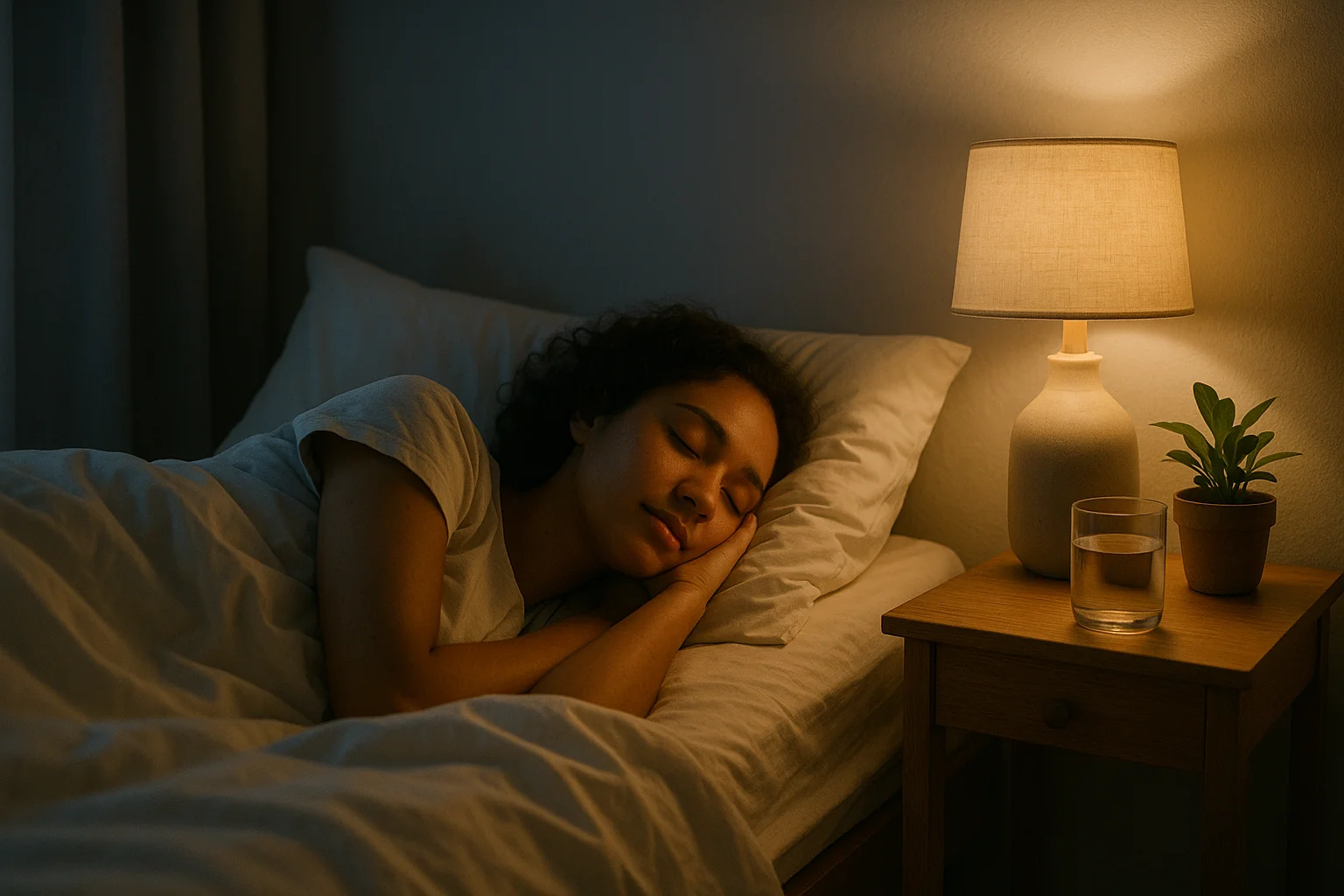 Person schläft friedlich unter weißen Laken.