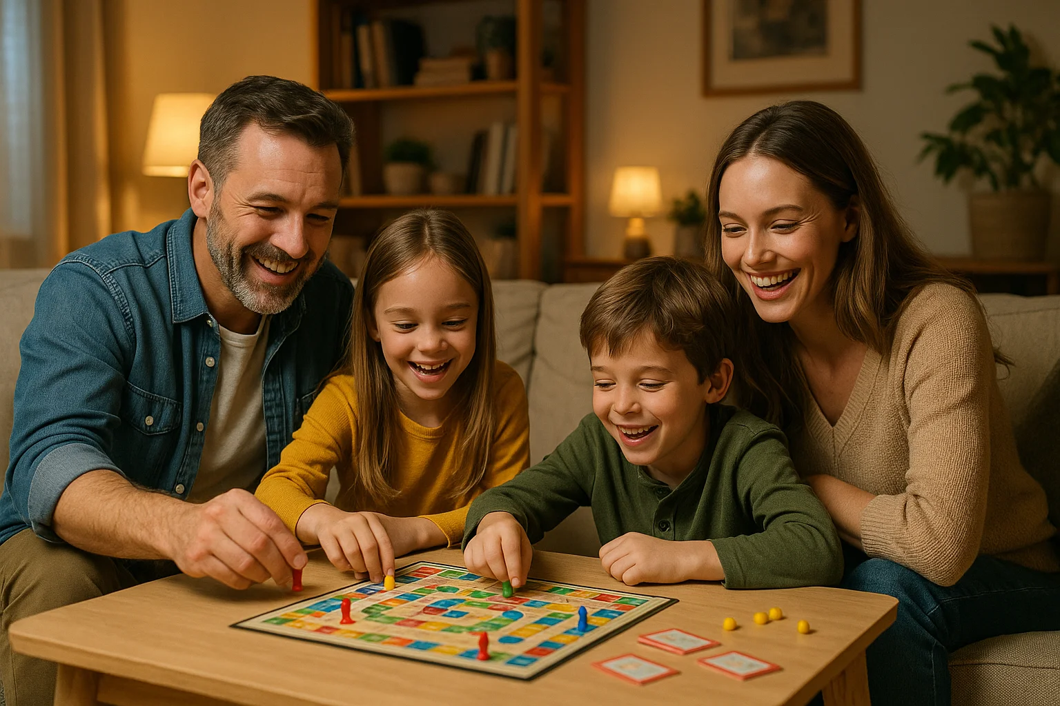Eine glückliche Familie spielt ein Brettspiel im Wohnzimmer.