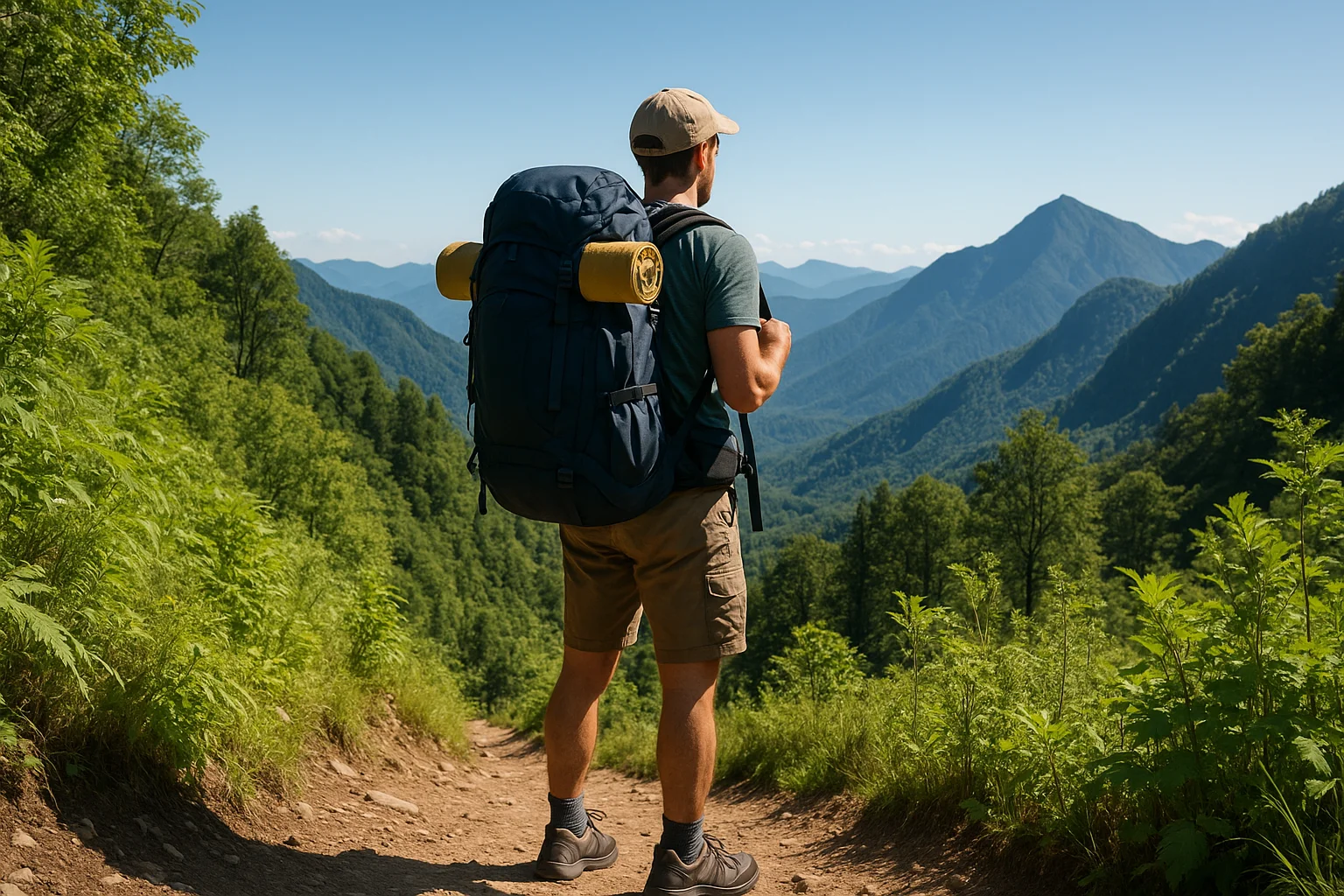 Путешественник с рюкзаком на горной тропе