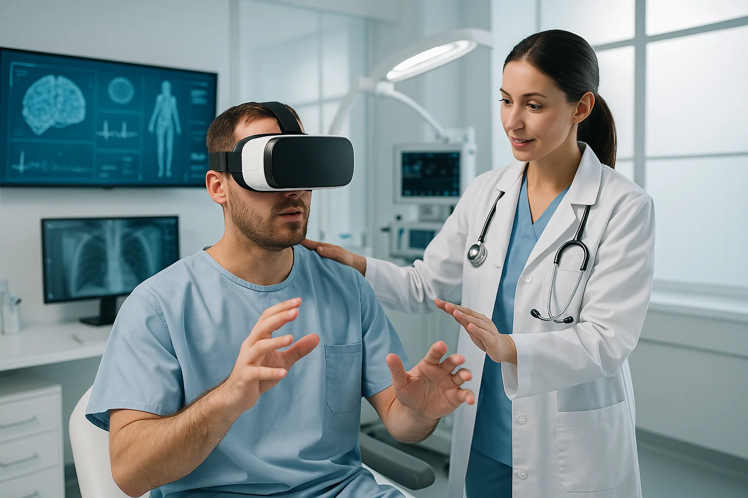 Patient mit VR-Headset und Gesundheitsfachkraft
