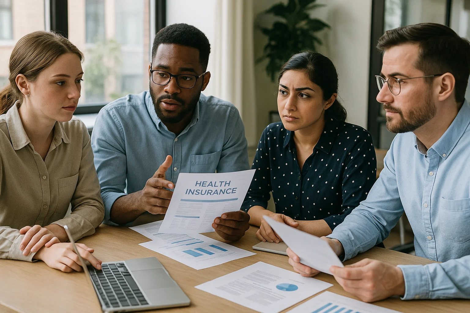 Eine vielfältige Gruppe von Menschen, die Krankenversicherungspläne bespricht.