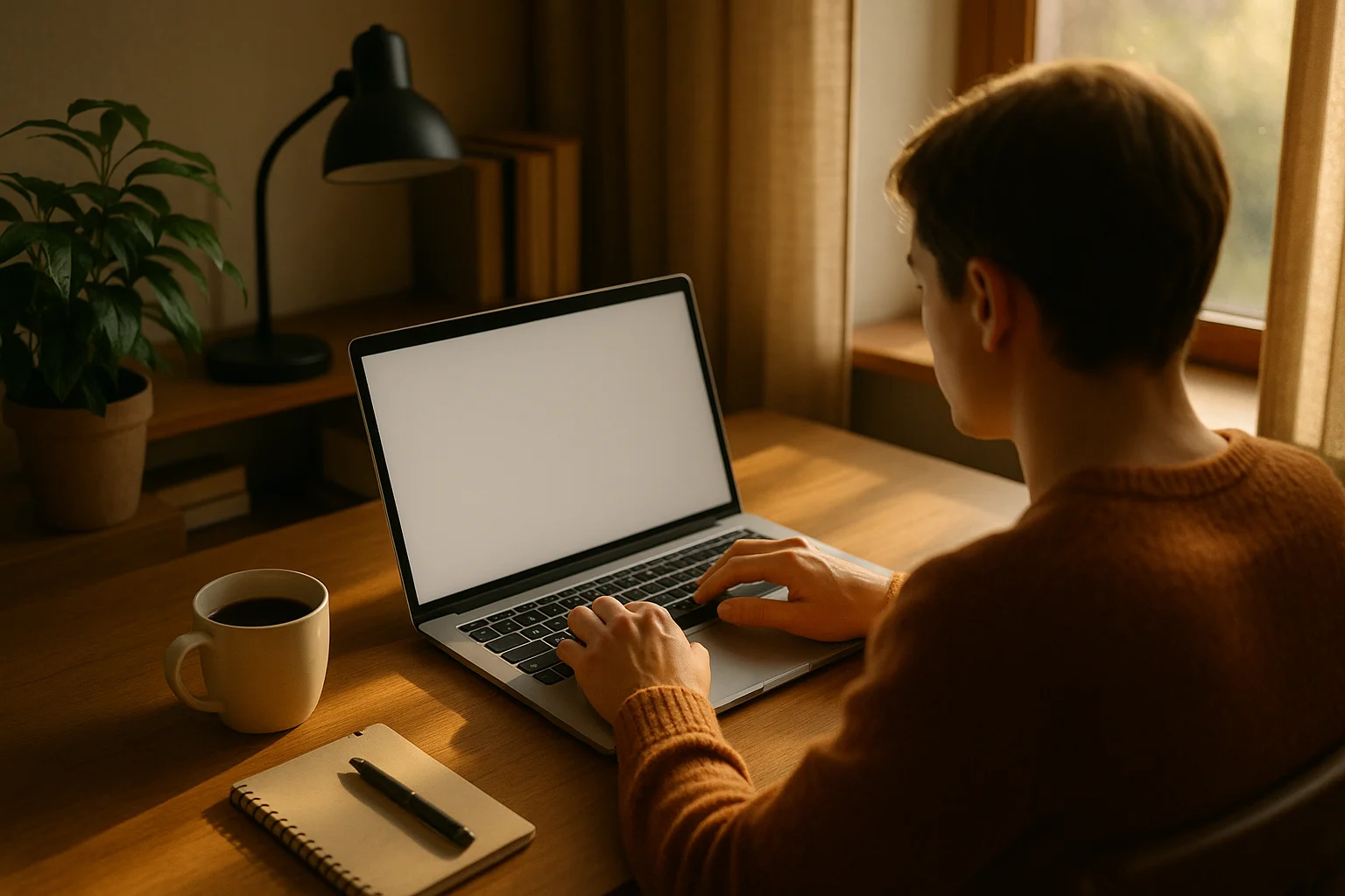 Personne travaillant sur un ordinateur portable dans un bureau à domicile.