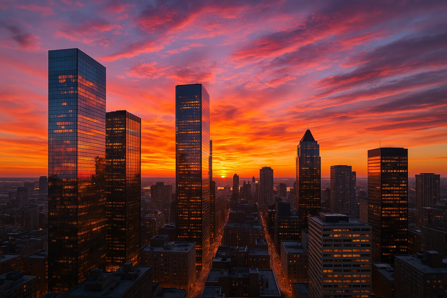 Отражения заката на стеклянных небоскрёбах