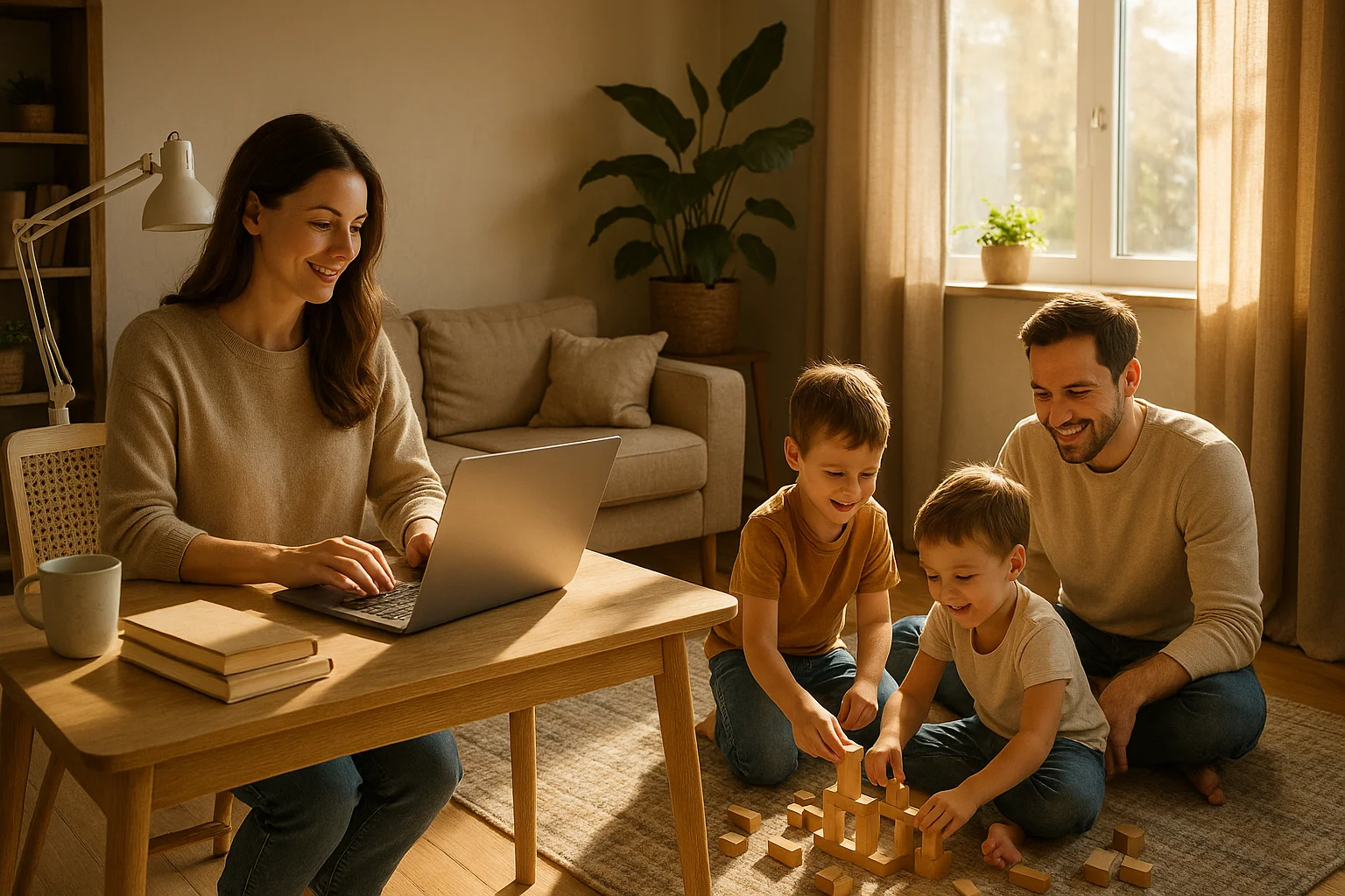 Мама работает дома, папа играет с детьми