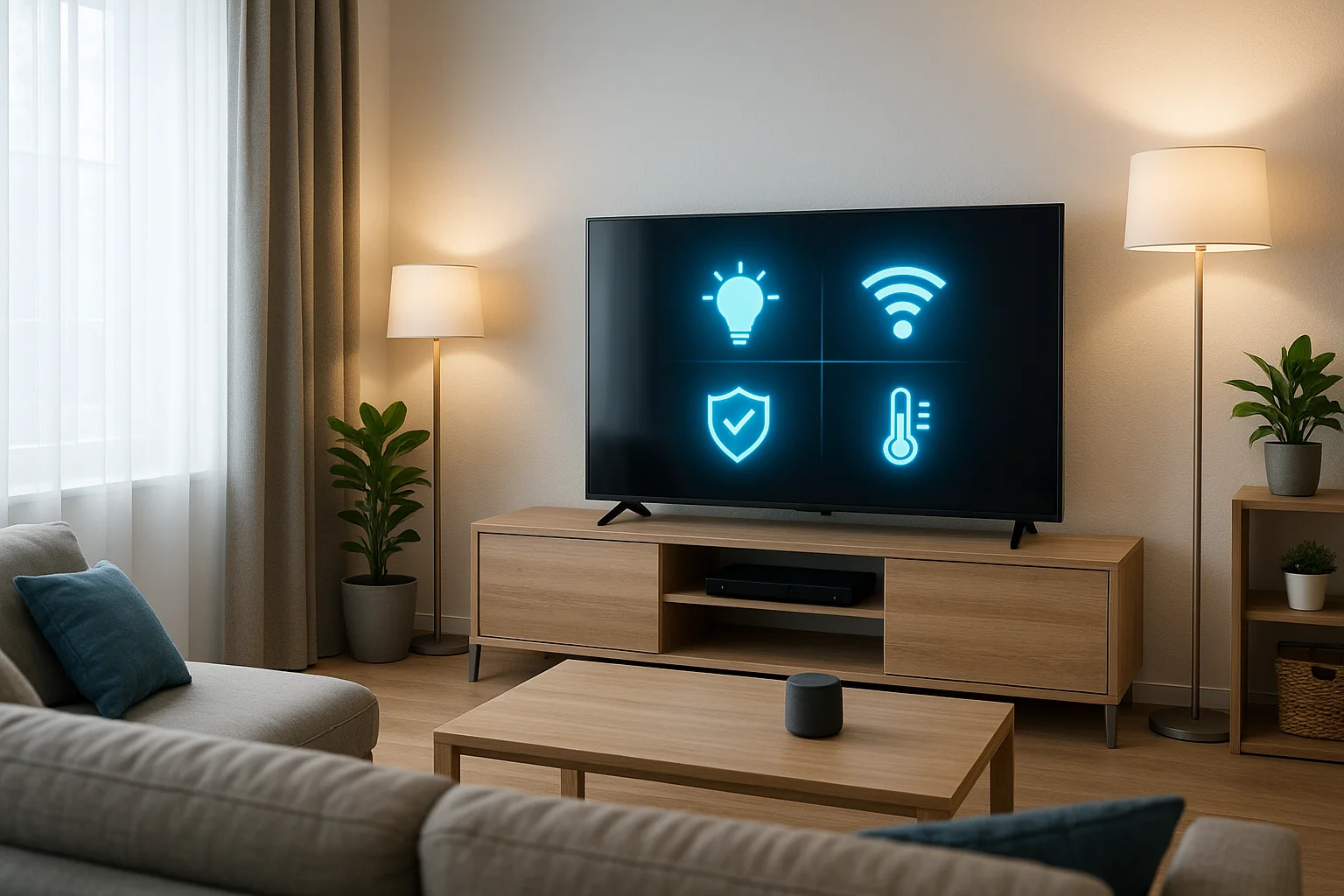 Phòng khách hiện đại được trang bị công nghệ thông minh.