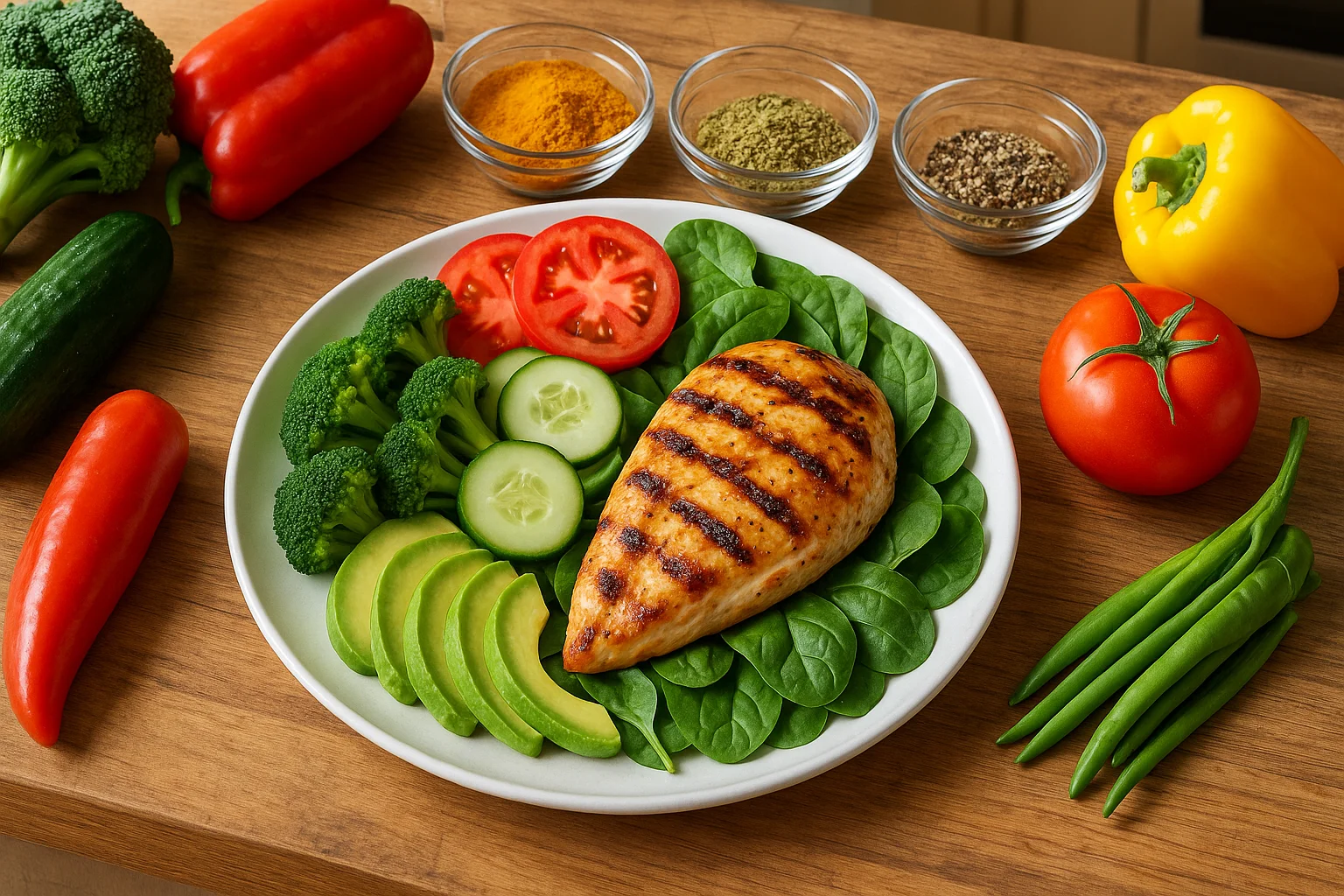 Bữa ăn ít carb với rau củ đầy màu sắc và gà nướng.