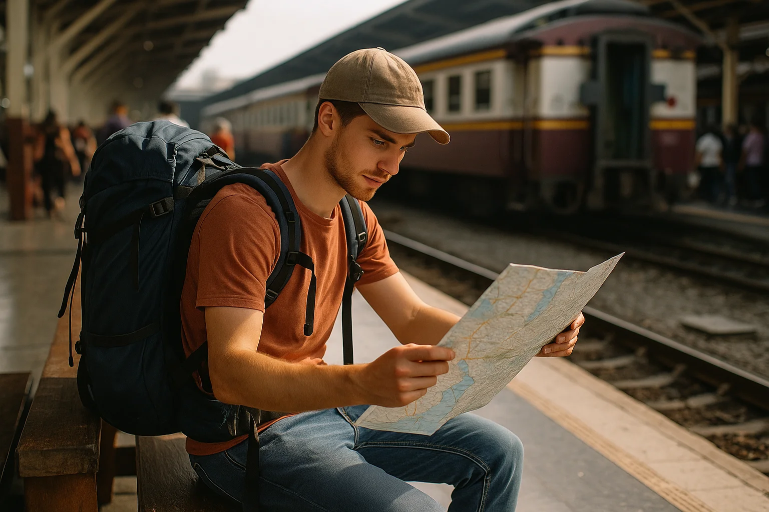 Jovem viajante lendo um mapa em uma estação de trem.