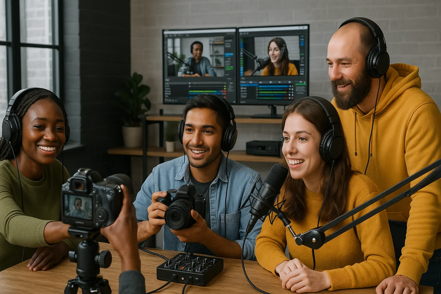 Personas usando equipo de transmisión en vivo