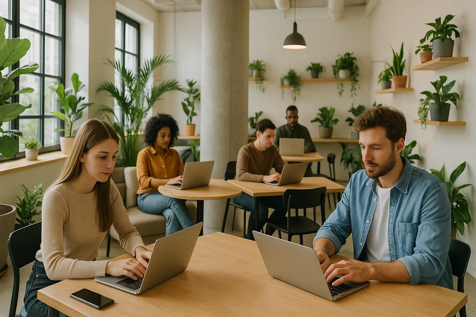 Espacio de coworking moderno con personas trabajando en laptops.