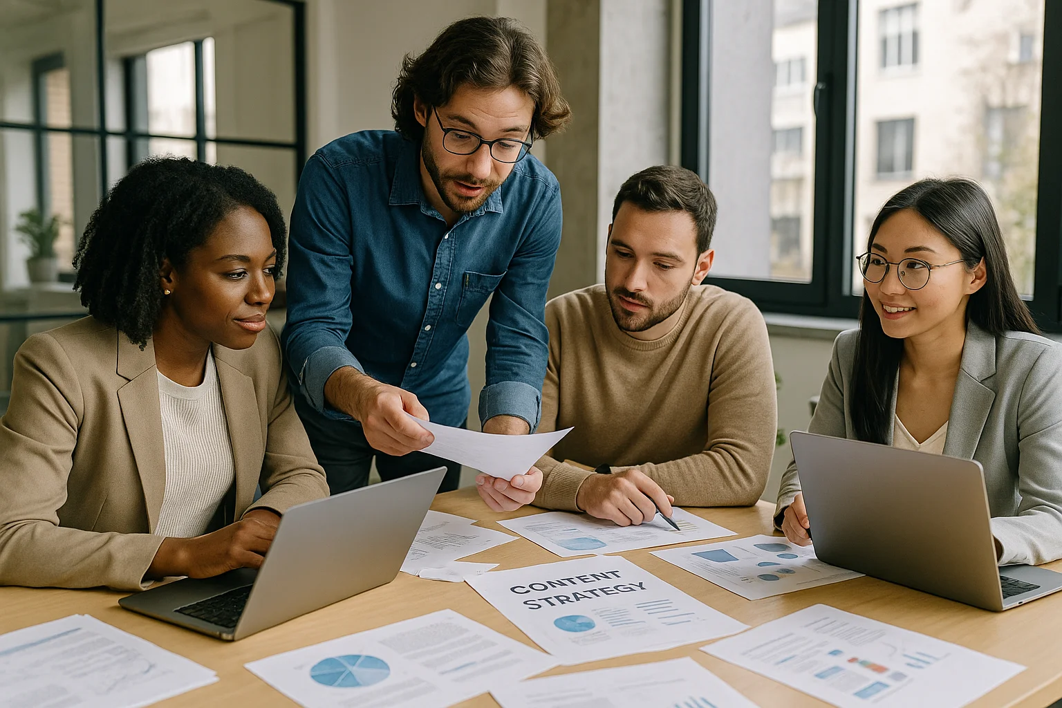 Equipo profesional discutiendo estrategias de contenido en una oficina moderna.