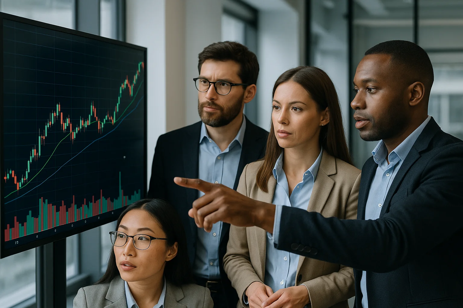 Profesionales analizando gráficos de inversión en una pantalla digital.