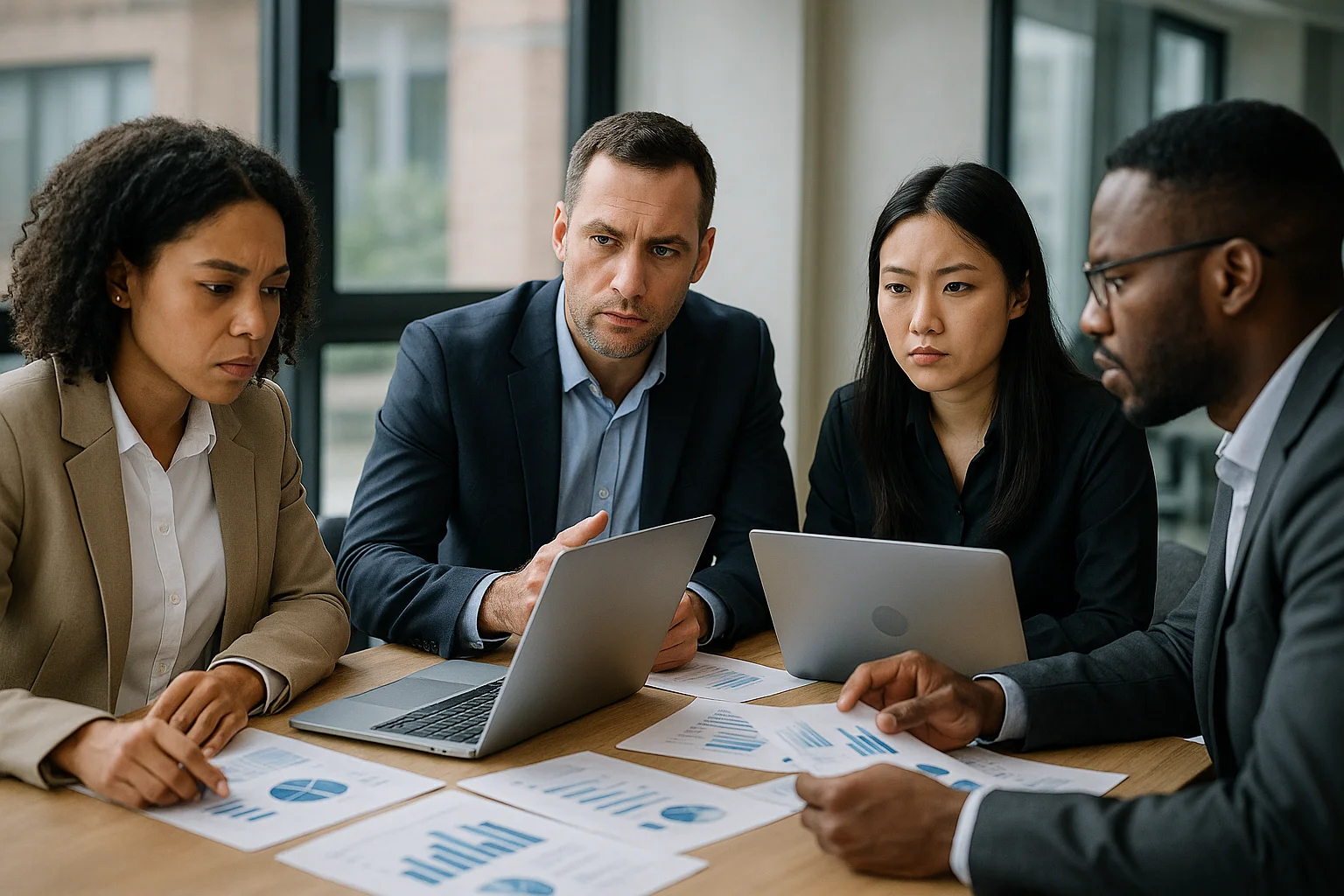 Équipe d'analystes financiers travaillant sur des données dans un bureau moderne.