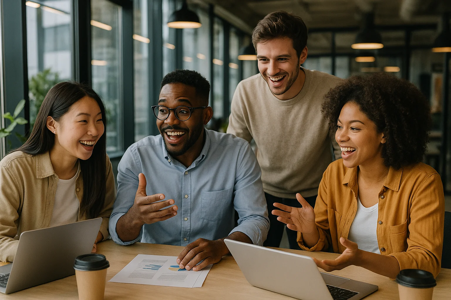 Jeunes professionnels en brainstorming dans un bureau moderne.