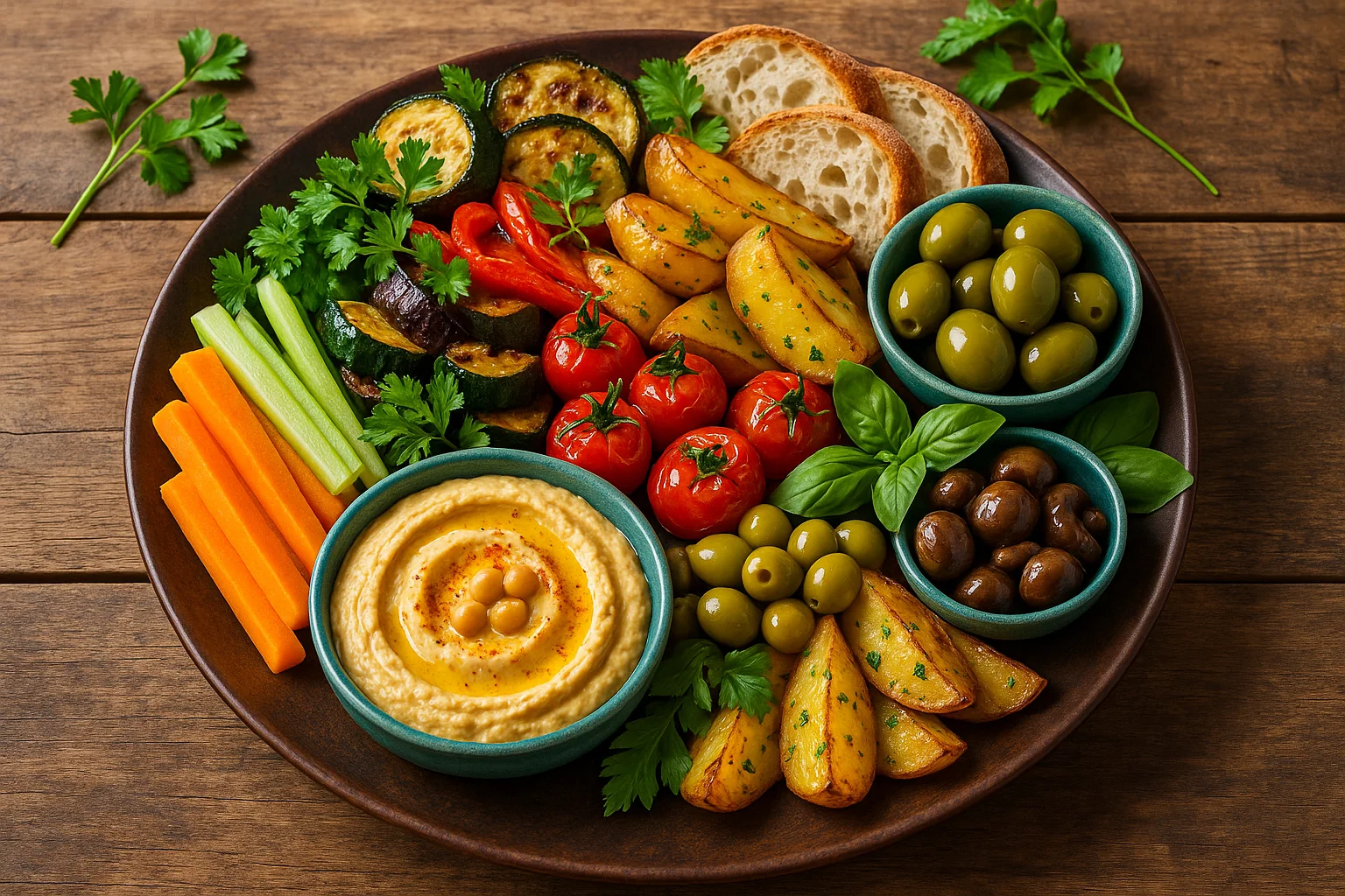 Renkli vegan tapas tabağı, çeşitli mezelerle dolu.