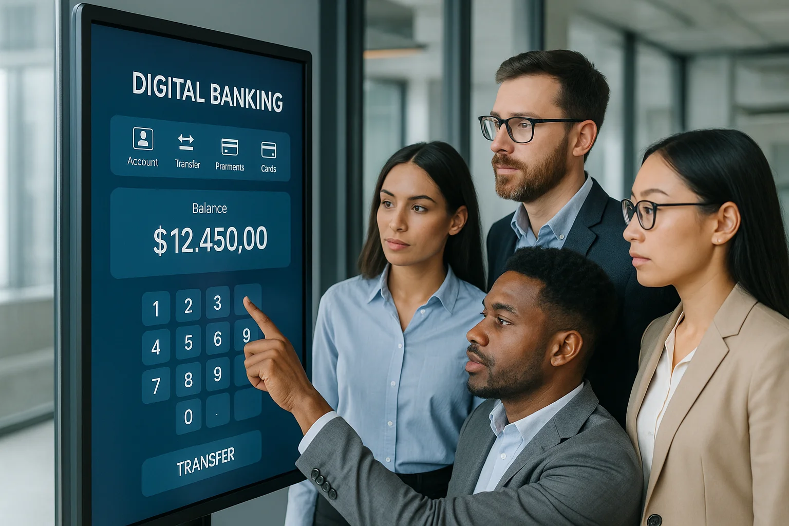 Professionnels utilisant une interface bancaire numérique dans un bureau moderne