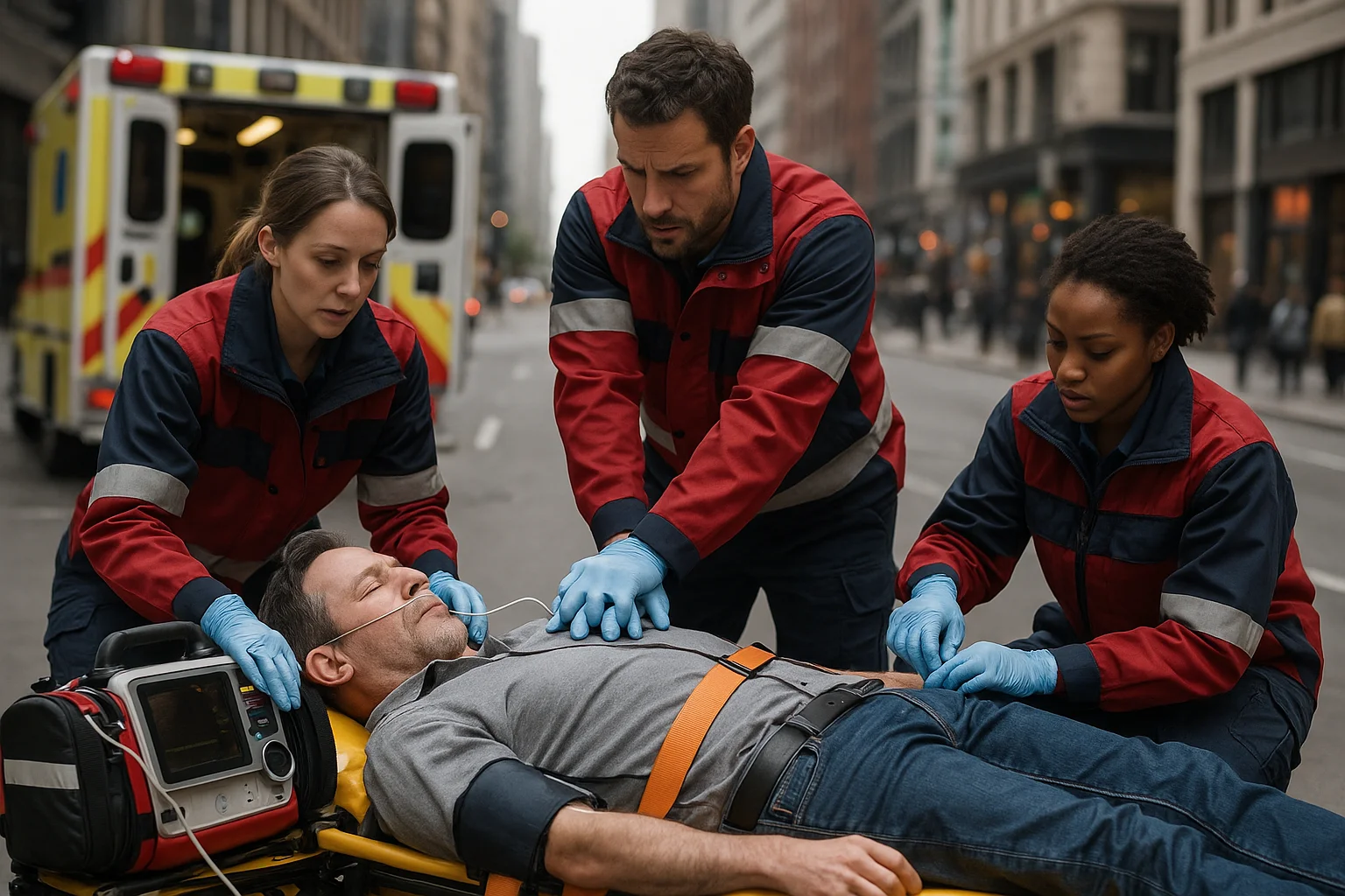 Équipe de secouristes intervenant auprès d'un patient en ville