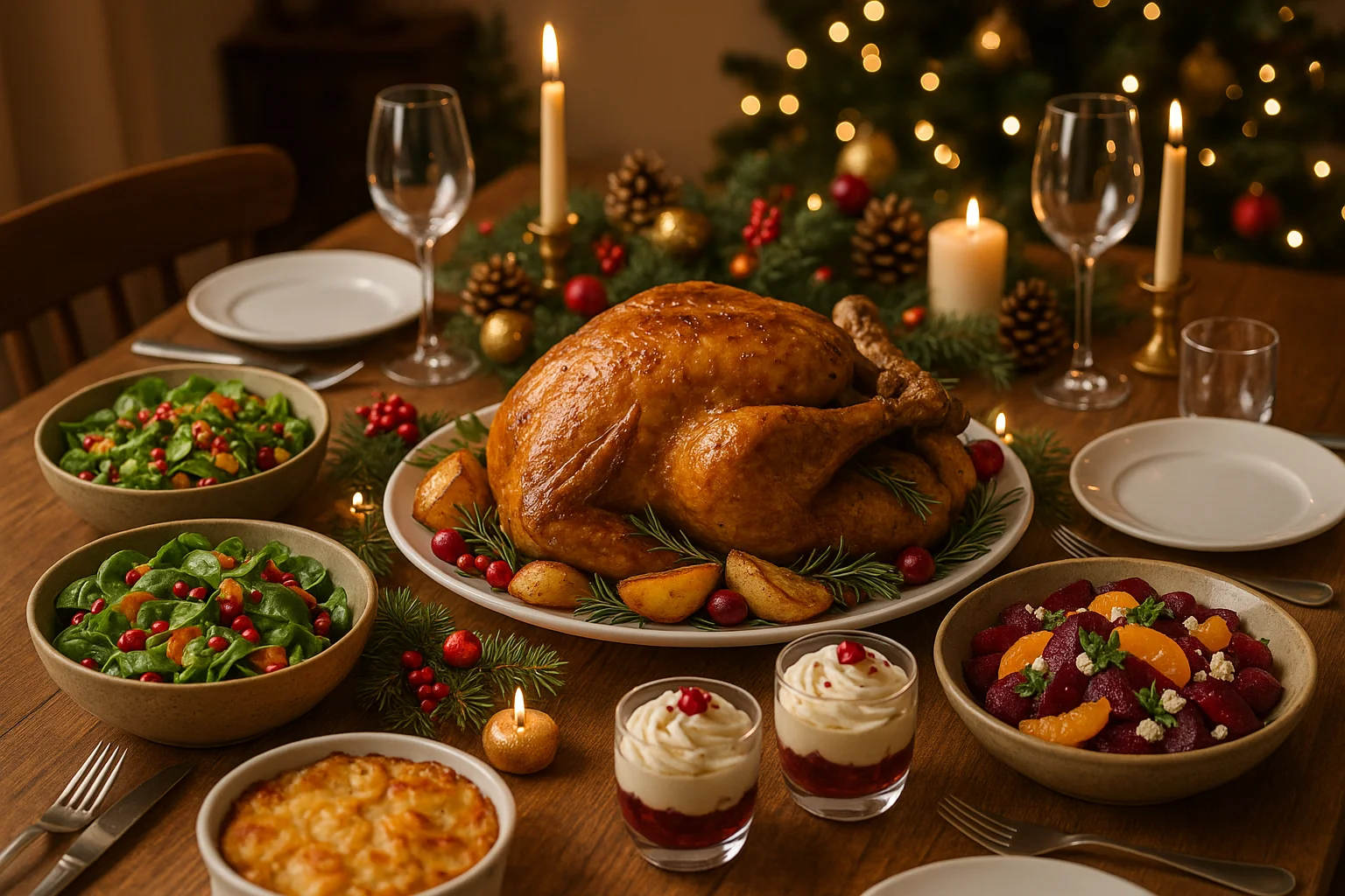 Dîner festif gourmet avec divers plats.